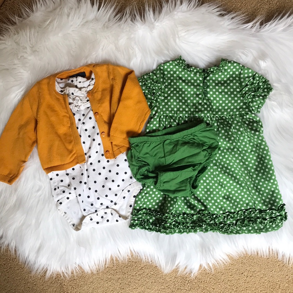 BabyGap green polka dot dress and mustard sweater